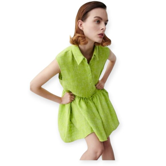 Zara oversized sleeveless tweed lime collared textured minidress size M EUC - Picture 4 of 14